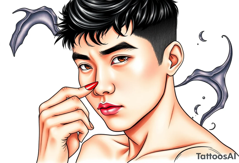 Handsome Asian young guy is putting fighting  make up on protecting from evil tattoo idea