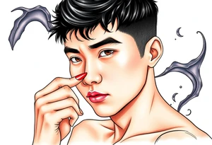 Handsome Asian young guy is putting fighting  make up on protecting from evil tattoo idea