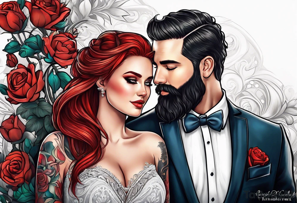 Busty red haired woman and a bearded man with black hair getting married tattoo idea