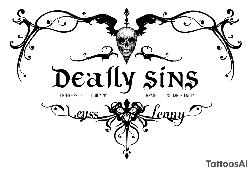 powerful sexy seven deadly sins stencil  with words greed, pride, gluttony, wrath, lust, sloth and envy, with a darkness kind of feeling  and storms tattoo idea