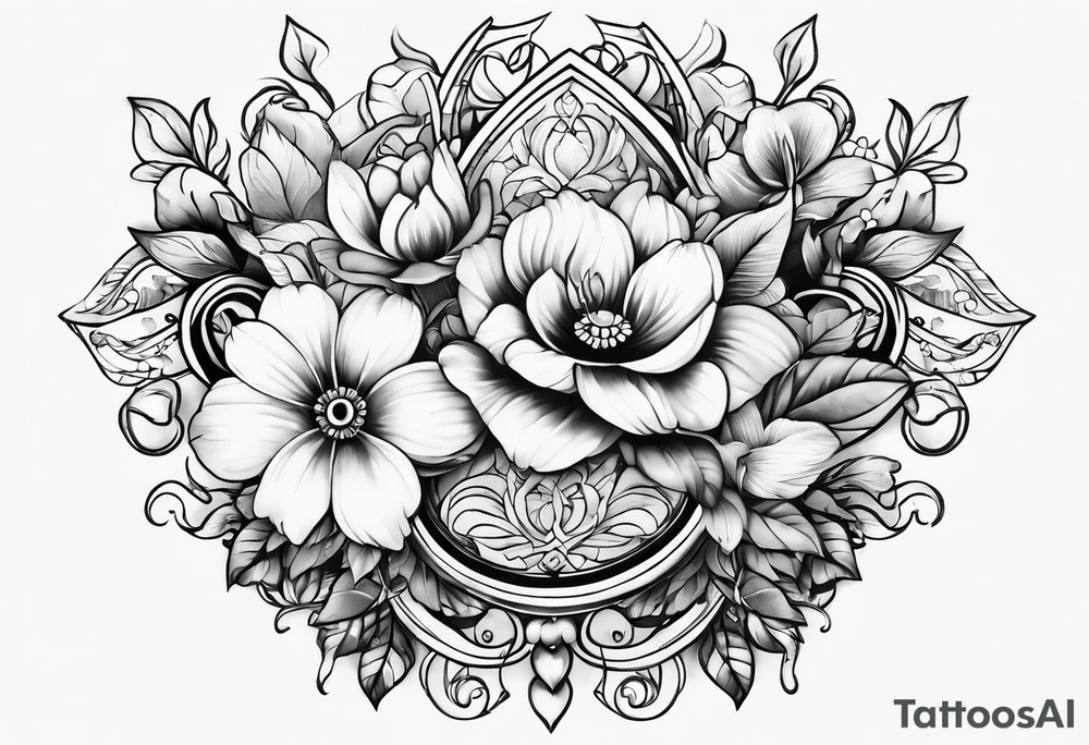 decorative chest piece with jewelry and flowers tattoo idea