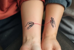 One wears a hand holding a red string of fate, the other the string continuing into their hand, connecting both wrists. tattoo idea
