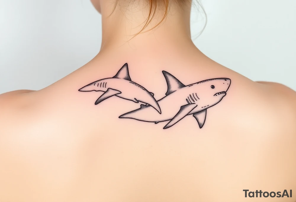 one lemon shark and one whale shark swimming upwards towards the neck in a line one behind the other tattoo idea