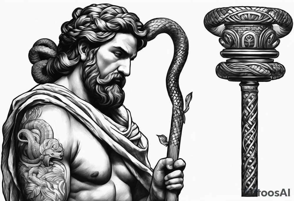 Naked Ascelpius with toga and with a wood stick with a coiled snake on the stick tattoo idea