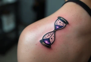 Elegant serif black ink "carpe diem" paired with a purple hourglass filled with stars, hinting at cosmic time on the back side of calf tattoo idea