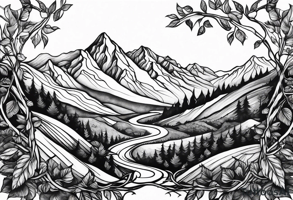 Vine branch long with mountains tattoo idea