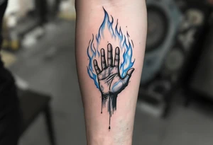 "Nehas, co te nepali." — A hand reaching out to untouched blue flames, surrounded by the quote in sharp charcoal-gray ink. tattoo idea