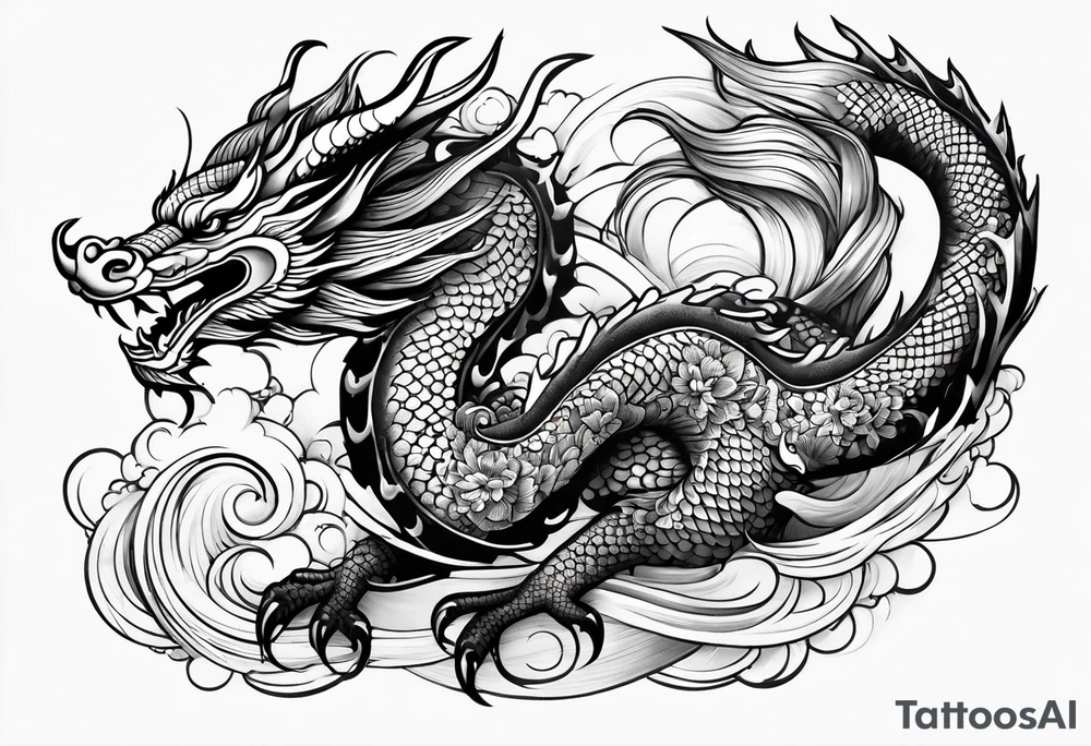 Asian Māori dragon, koi, water, black, shoulder tattoo idea