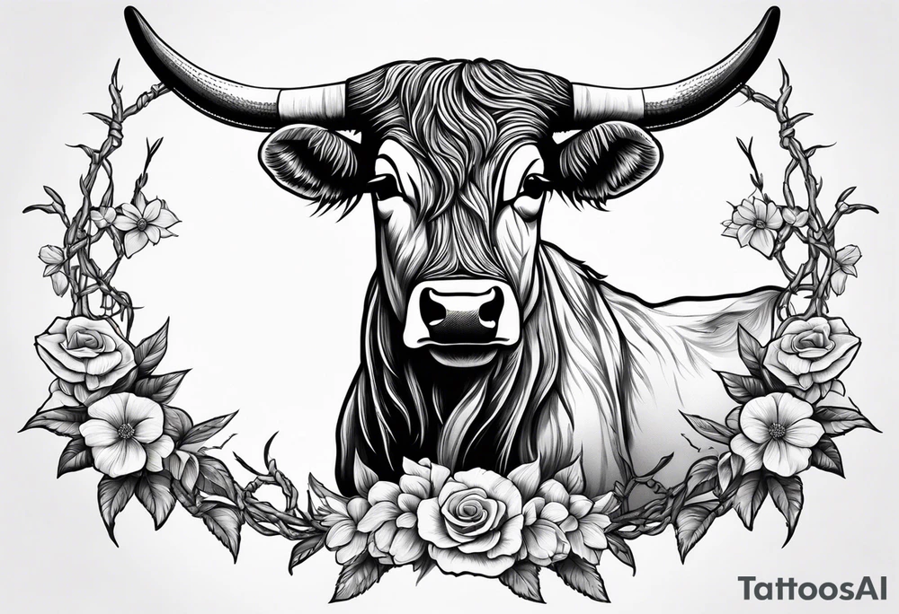 Western longhorn with flowers and barbed wire intertwined into the horns tattoo idea