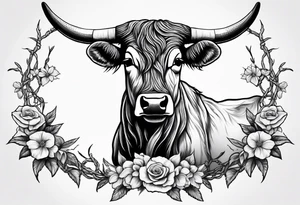 Western longhorn with flowers and barbed wire intertwined into the horns tattoo idea