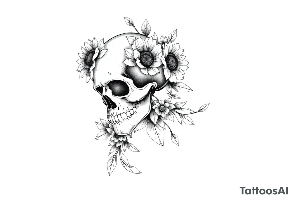 ornate skull adorned with wild roses and sunflowers tattoo idea