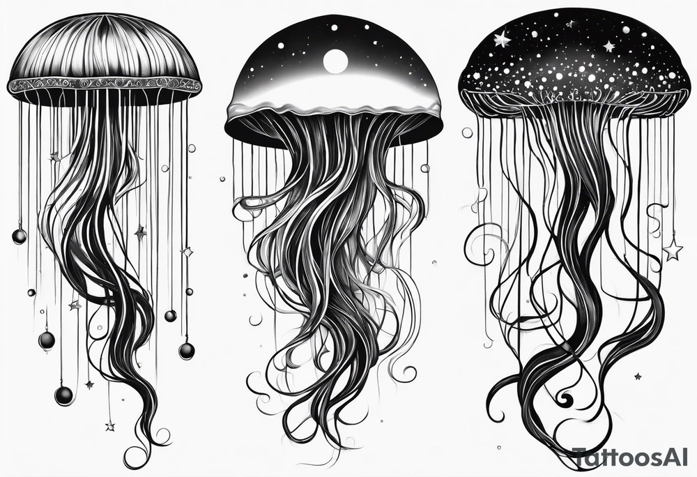 Stars, nebulas, and galaxys are inside a long slender jellyfish tattoo idea