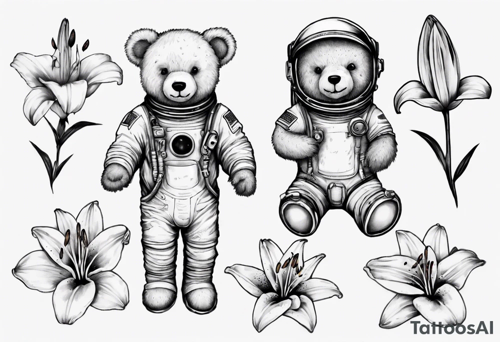 Teddy bear astronaut holding Lily tattoo idea