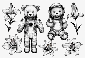 Teddy bear astronaut holding Lily tattoo idea