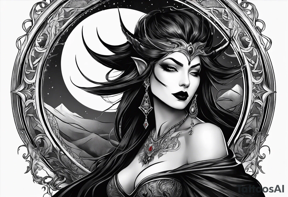 Mythic vampire man emperrior and moon and bat tattoo idea