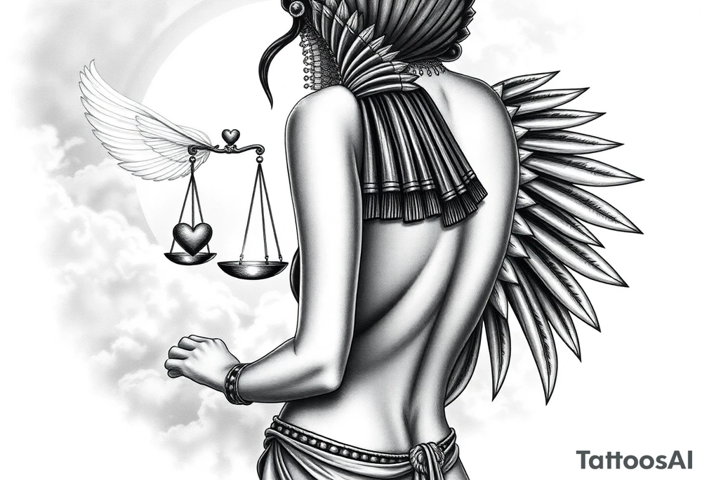 Sexy Egyptian goddess with a curvy body, slightly turned So you can see her ass. She is wearing an ostrich feather headdress, and intricate ancient Egyptian jewelry. Background includes something similar to heaven. Incorporate the Scales of Justice—one side holding a heart, the other Ma’at’s feather—glowing with ethereal energy. Emphasize dramatic lighting, deep shadows, and surreal, mystical atmosphere tattoo idea