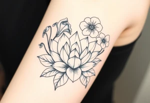 Geometric lotus surrounded by Lilly of the valley on left side iris above and morning glory flowers to the right. tattoo idea