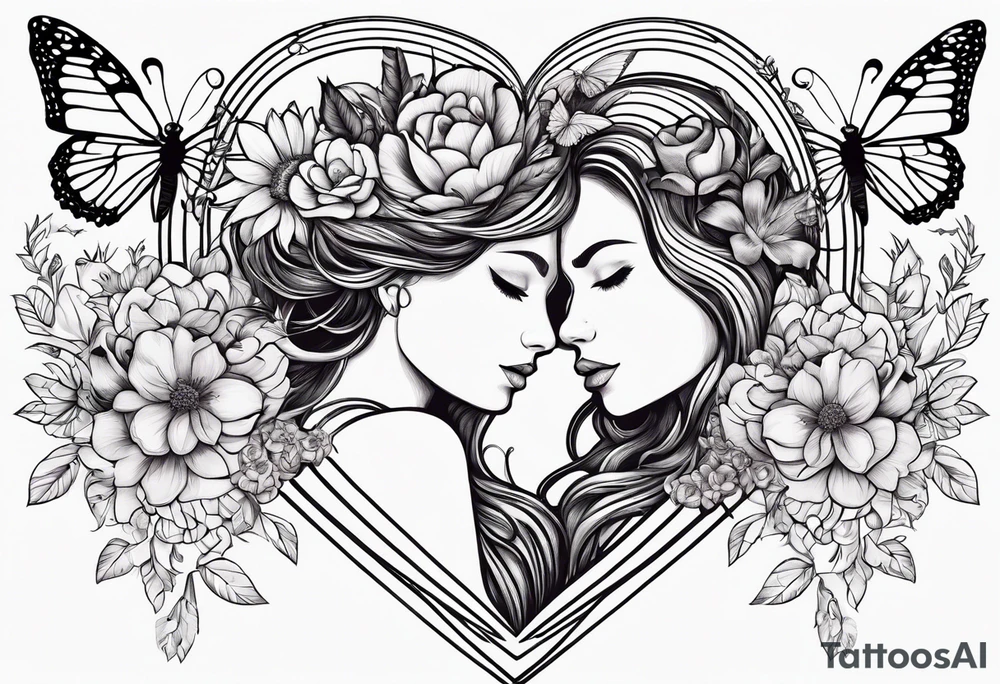Out line of hands holding a heart with flowers sprouting from the top of the heart into her head and butterflies flying around the flowers tattoo idea