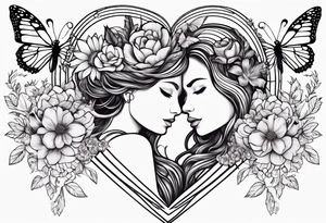 Out line of hands holding a heart with flowers sprouting from the top of the heart into her head and butterflies flying around the flowers tattoo idea