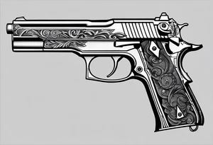 A gun with the word 'Revolverhelden' embedded into it tattoo idea