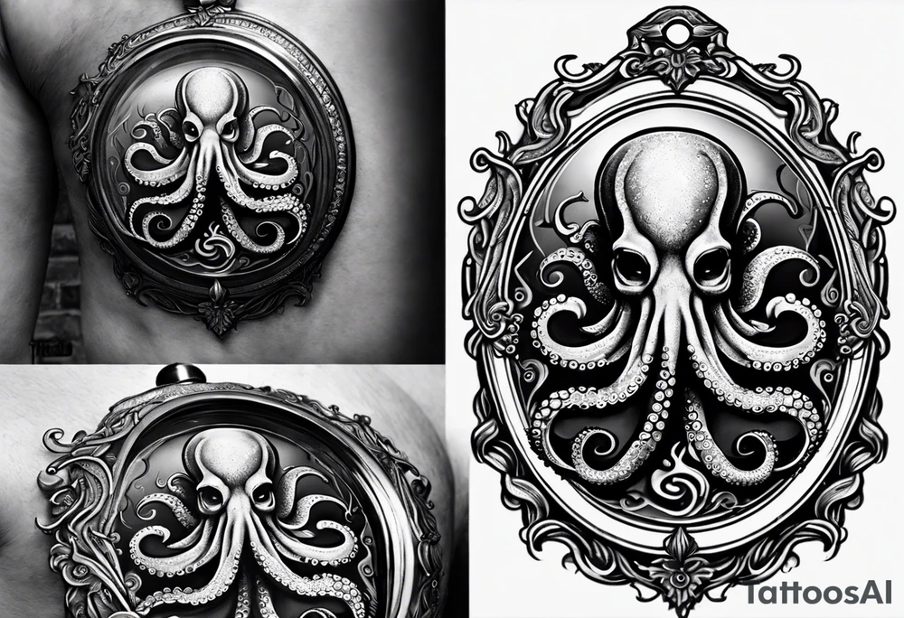 Octopus over an old pocket watch with his tentacles, in a natural pose tattoo idea