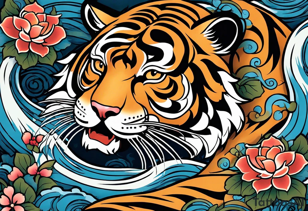 Inspired by Japanese art, this design features the tiger’s body depicted with dramatic, flowing curves and swirls. The background includes flowing water currents and floral motifs. This design is colorful and dynamic, capturing the movement and spirit of the tiger in a traditional Japanese aesthetic. tattoo idea