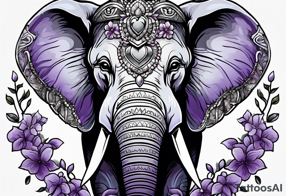 Elephant face half covered with lilacs tattoo idea