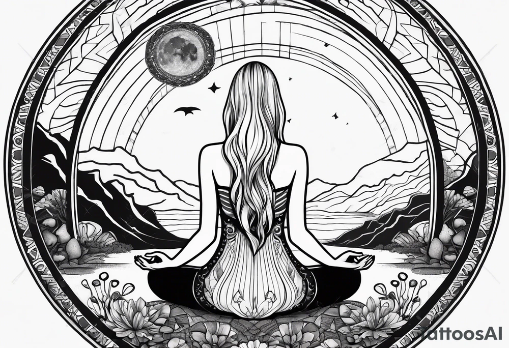 Straight blonde hair girl meditating facing away toward mountains surrounded by mushrooms crescent moon mandala circular design black and white striped dress tattoo idea