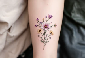 Small Stargazer lillies pale pink with no outline 
with small yellow sunflowers and pale purple tulip buds in a dainty wildflower bouquet with light green stems. Low detail. tattoo idea