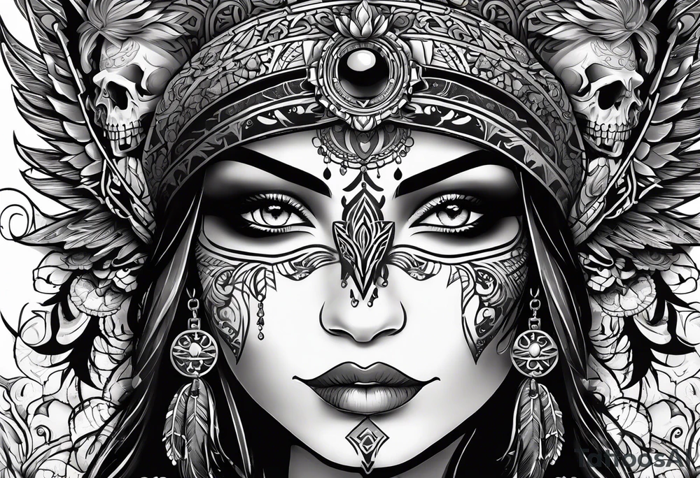 kali, goddess pirate, pachamama, valkrye, warrior, skull, lotus azul, wing, eagle, zenza resonance tattoo idea