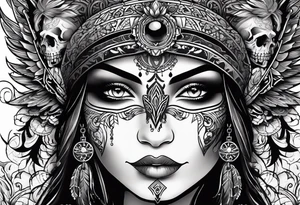kali, goddess pirate, pachamama, valkrye, warrior, skull, lotus azul, wing, eagle, zenza resonance tattoo idea