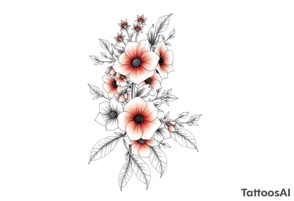 Full sleeve tattoo design of larkspur and hawthorn flowers, highly detailed line art, RED ink, elegant botanical style, intertwined composition, no shading, no human mock-up, clean stencil style suitable for tattooing, fit fully within boundaries. LINE ART ONLY, REMOVE HUMAN, NO SKIN, NO ARM, NO HUMAN BODY PARTS tattoo idea