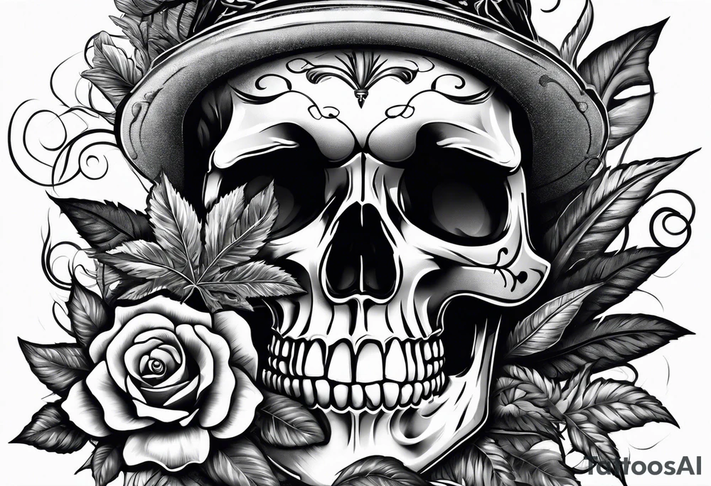skull with a pot leaf in the background tattoo idea