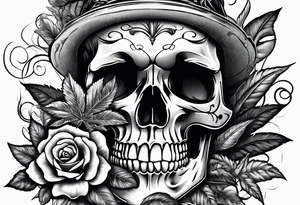 skull with a pot leaf in the background tattoo idea