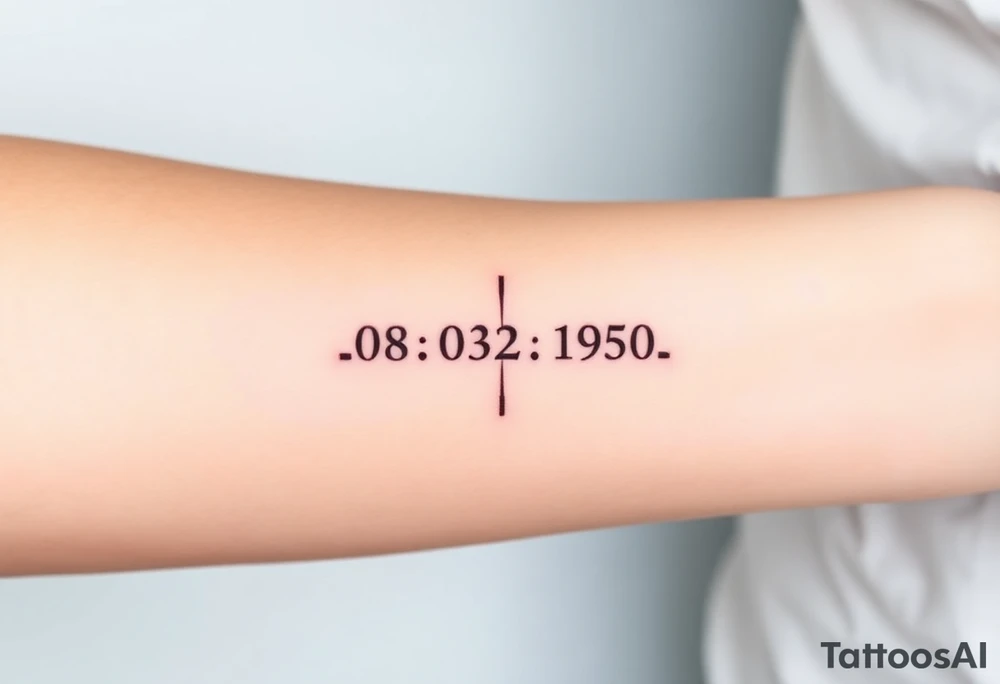 “Quero uma tatuagem no antebraço, simples e pequena. Deve ter a data de nascimento do meu avô 08/03/1950 escrita em vermelho, seguida de um traço reto e, à frente, o símbolo de infinito em preto. O design deve ser minimalista, com letras elegantes e proporcionais, mantendo um aspeto discreto.” tattoo idea