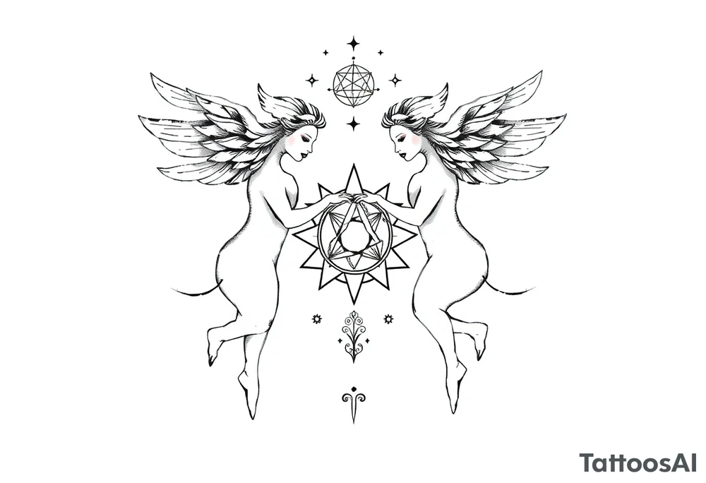 intricate Gemini zodiac with sacred geometry and cosmic elements tattoo idea