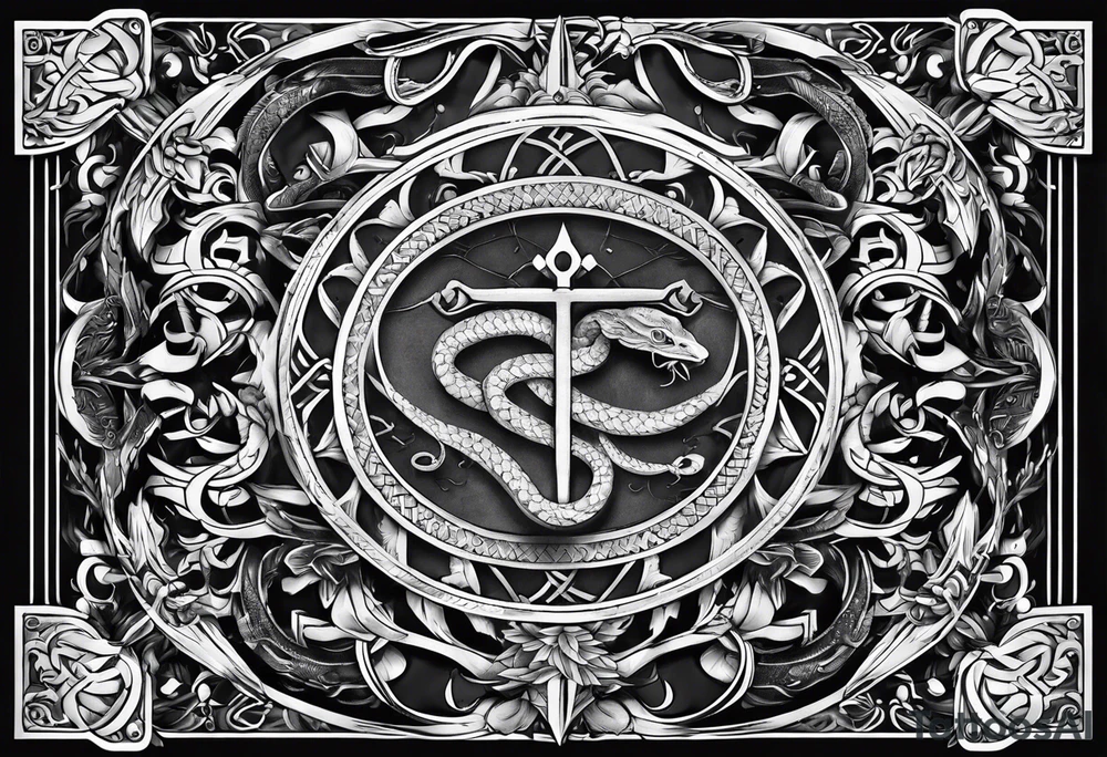 staff of caduceus snakes square and compass G tattoo idea
