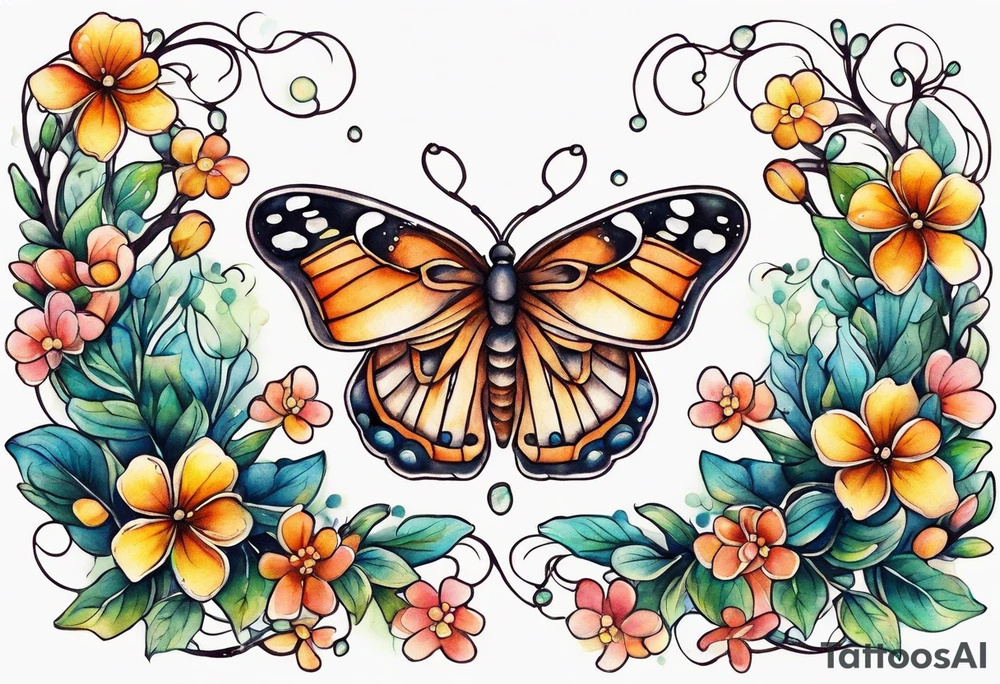 Winding branches and leaves and tiny flowers with a small moth and bubbles tattoo idea