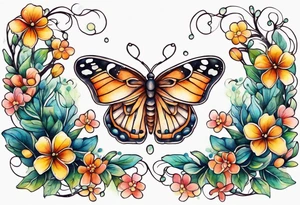 Winding branches and leaves and tiny flowers with a small moth and bubbles tattoo idea