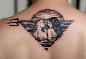 trident half way under calm water at sunset with topless woman tattoo idea