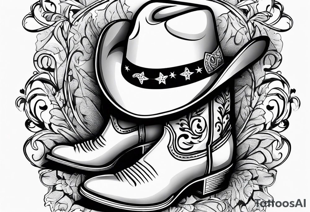 Music notes around Cowboy boots with cowboy hat tattoo idea
