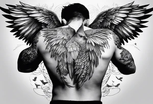 Birds flying out of a man’s back while he is in his hands and knees tattoo idea