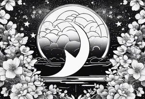 solar system with cherry blossoms spread about spine tattoo idea