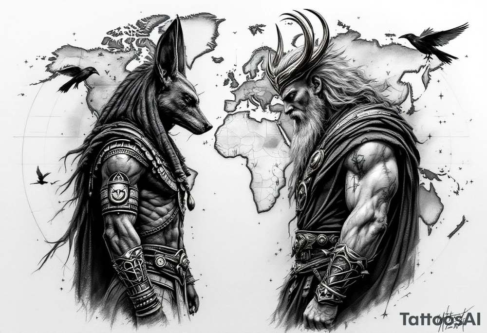Design a full-back tattoo in a hyper-realistic style. The central background is a detailed geographical map, showcasing continents, oceans, and subtle topographical details, blending seamlessly into the composition. On the left side, Anubis, the ancient Egyptian god of the afterlife, is depicted in striking realism, standing tall with a jackal head, wearing traditional Egyptian armor and holding an ankh and a scepter. On the right side, Odin, the Norse Allfather, is shown in battle, wielding his spear Gungnir, with his ravens, Huginn and Muninn, flying around him. Odin’s intense expression and flowing cloak contrast with Anubis's stoic, watchful presence. The two figures face each other across the map, creating a dynamic tension, as if representing two powerful mythologies guarding the world. The design incorporates fine details and shading to bring depth and texture to the tattoo, emphasizing realism and artistry tattoo idea