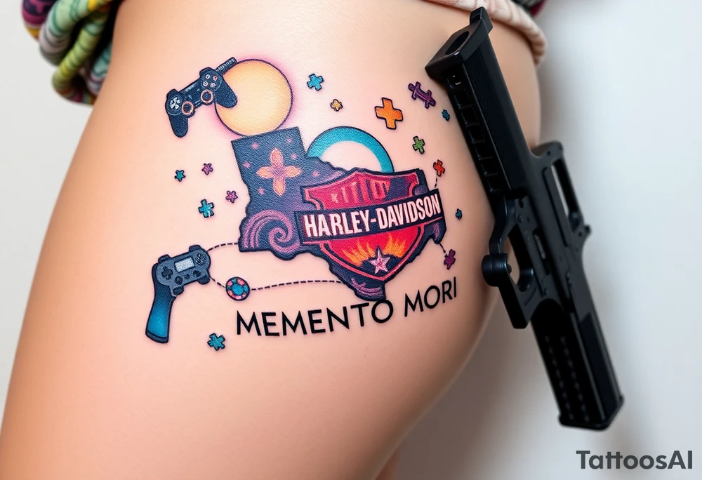 colorful futuristic memory tattoo for passed boyfriend; sunshine state, Harley Davidson, skateboarding, puzzle pieces, video games, heaven, god, outdoors, beretta 9mm gun, disc golf, words "MEMENTO MORI" & DARTH CARTER tattoo idea