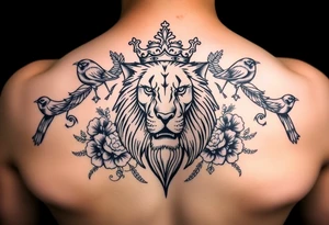 powerful majestic lion with a crown, surrounded by floral ornaments and birds tattoo idea