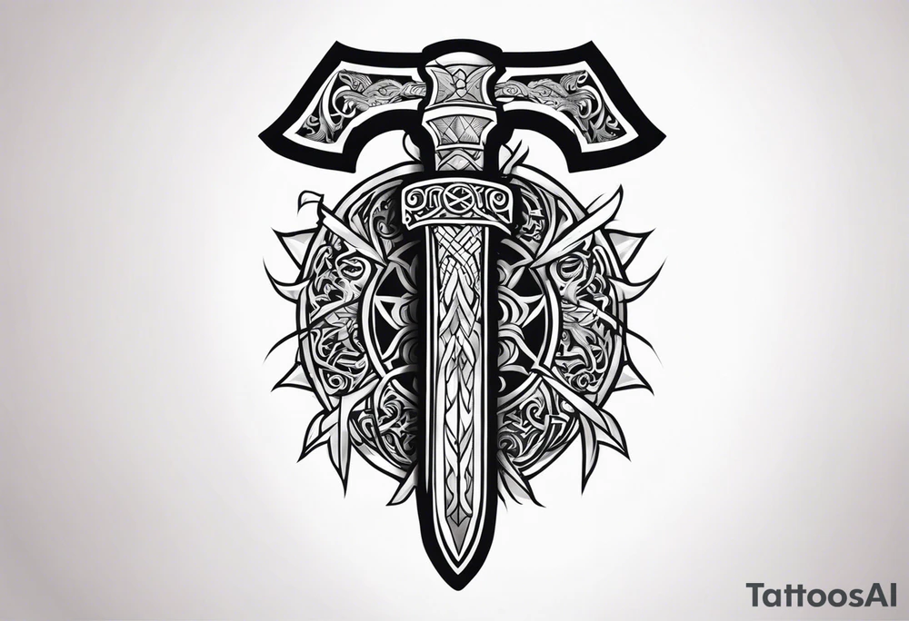 Valhalla sword dragon head axe viking church tattoo idea