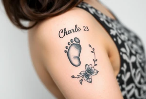 baby footprint print with the name Charles above it, the date 1-14-23 below it and surrounded by floral vines on a forearm tattoo idea