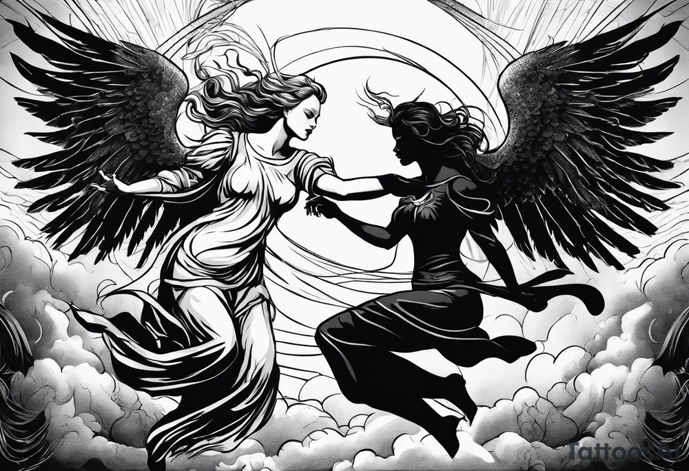 angel woman and devil woman fighting, arguing on the sky , big wingsand full body  , angel at the right , tattoo idea