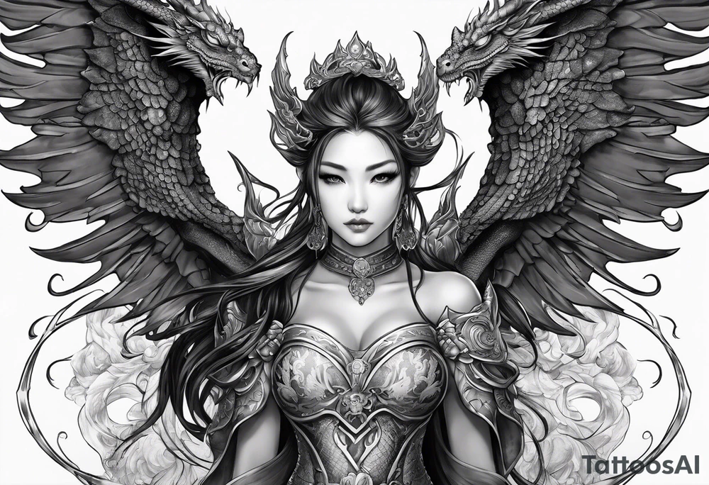 beautiful warrior nymph with large wings coming out of her back and a dragon friend tattoo idea